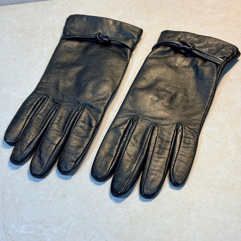 Women's Gold Genuine Leather Gloves Knotted Wrist Detail Size 8 Winter Lined